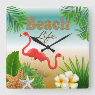 Horloge Carrée Plage tropicale design avec Flamants roses