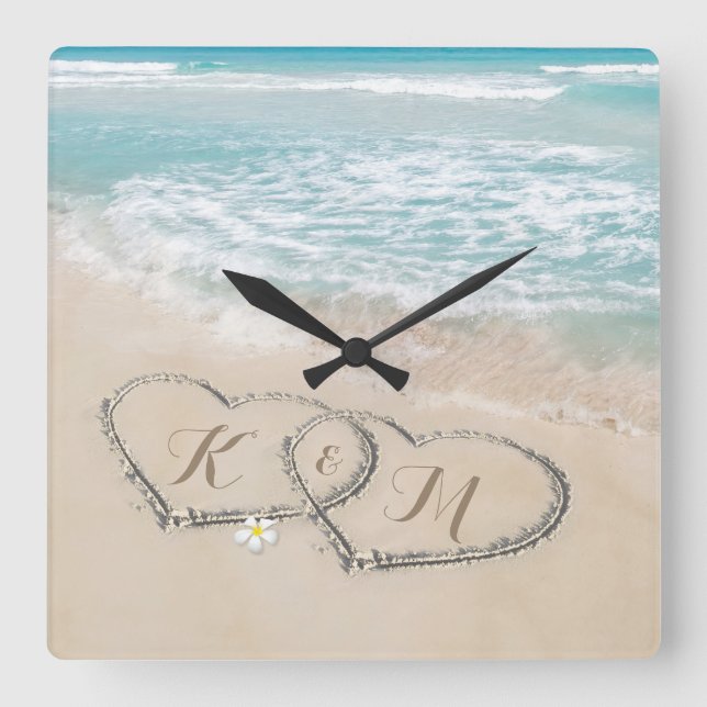 Horloge Carrée Plage Tropicale Monogramme du Cœur du Rivage (Recto)