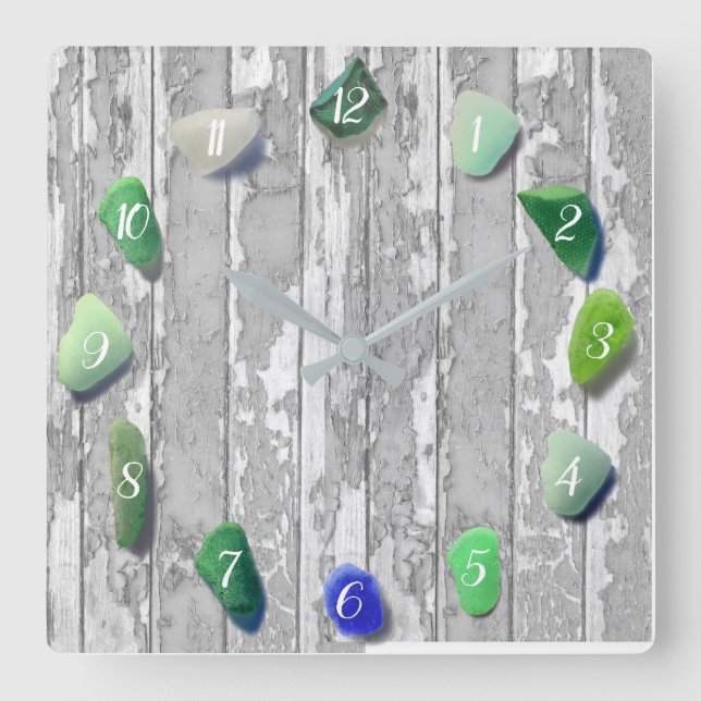 Horloge Carrée Plage Verre Décor Côtier Bois flotté Gris Vert (Recto)