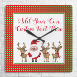 Horloge Carrée Plaid Christmas Custom Typography Santa Claus<br><div class="desc">Christmas plaid in red, green and white is the background for this delightful holiday design which is bright, colorful and full of seasonal cheer! A smiling Santa Claus stands in line with three adorable reindeer wearing festive red, green and white scarfs all on a white background framed in matching green....</div>