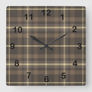 Horloge Carrée Plaid Tartan Maison de Campagne Rustique en Beige