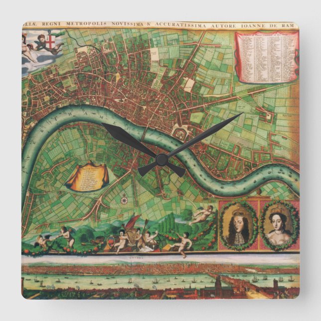 Horloge Carrée Plan antique des rues de Londres par Johannes de R (Recto)