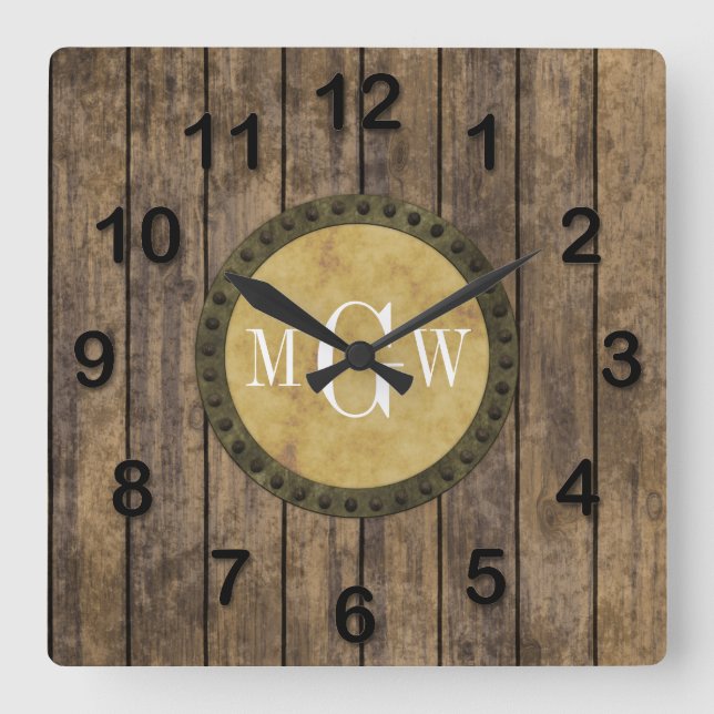 Horloge Carrée Planches Aspect Bois Rustique #1 Steampunk 3 Monog (Recto)