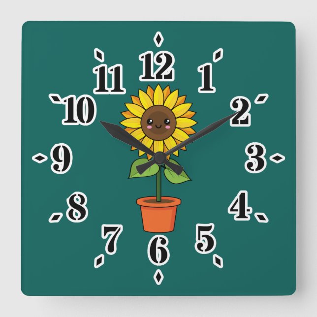 Horloge Carrée Plante de tournesol Kawaii dans un pot (Recto)