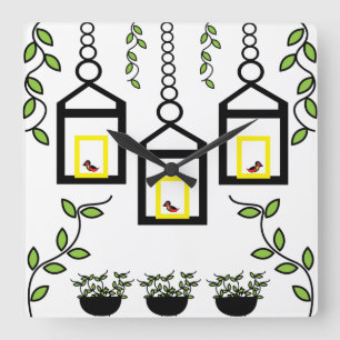 Horloge Carrée Plantes Vertes Oiseaux Motif Nature