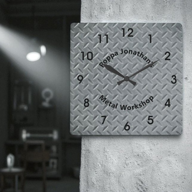 Horloge Carrée Plaque de diamant rustique Faux Motif de lug métal (Diamond plate design wall clock with template text and black hands.)