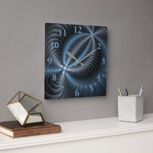 Horloge Carrée Plastique bleu gris 3D Fractal Art moderne Abstrai