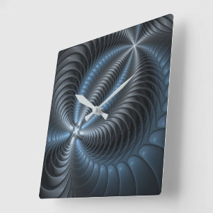 Horloge Carrée Plastique bleu gris 3D Fractal Art moderne Abstrai