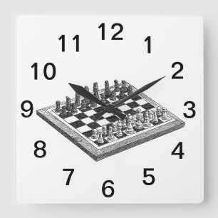 Horloge Carrée Plateau de Jeu d'Échecs et Pièces d'Échecs Art Vin