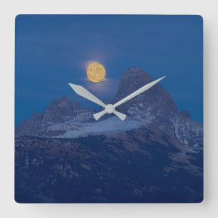 Horloge Carrée Pleine lune en hausse   Grand Teton Driggs, Idaho