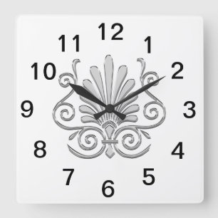 Horloge Carrée Plume d'Argent Art Déco Antique Arabesque