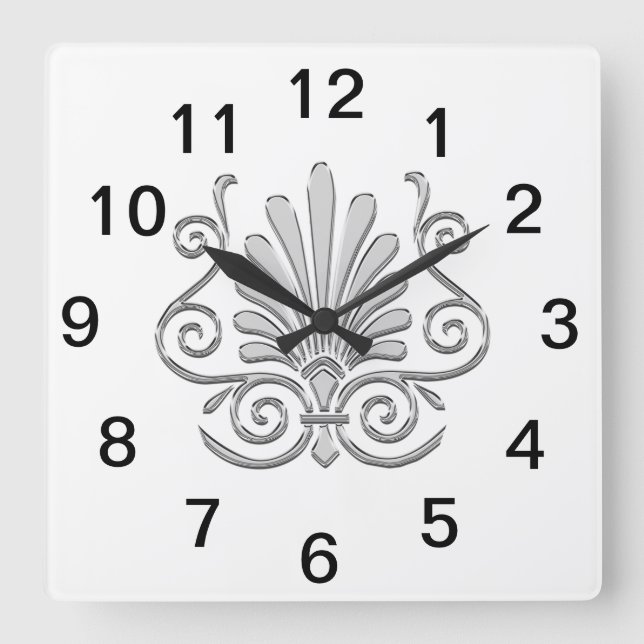 Horloge Carrée Plume d'Argent Art Déco Antique Arabesque (Recto)