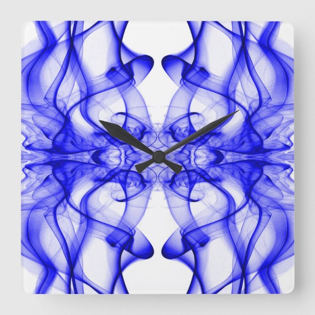 Horloge Carrée Plumes de fumée bleue sur blanc (Recto)