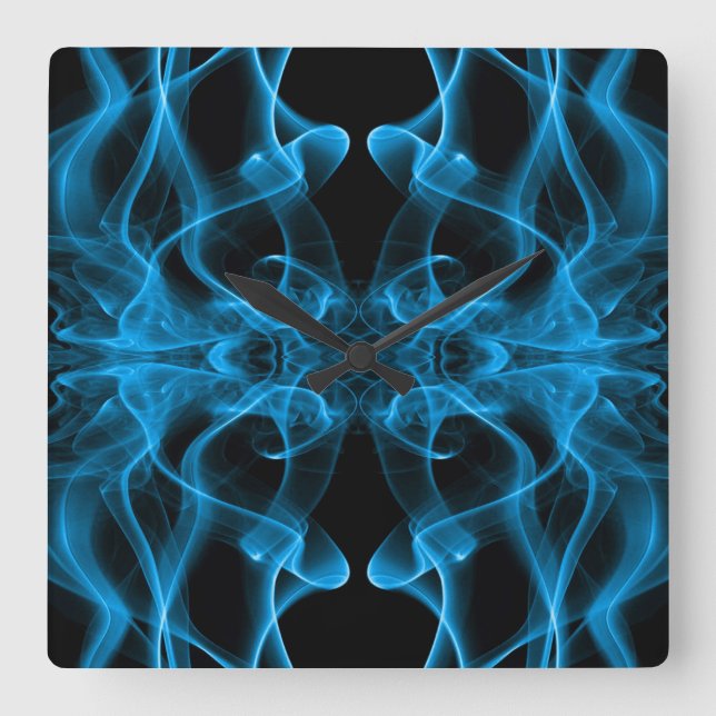 Horloge Carrée Plumes de fumée bleue sur noir (Recto)