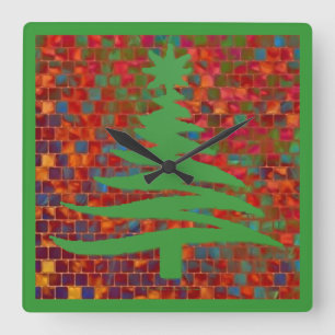 Horloge Carrée Pochoir d'arbre de Noël vert