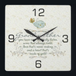 Horloge Carrée Poème de grand-mère avec des oiseaux<br><div class="desc">Vous avez des oreilles qui écoutent vraiment,  les bras qui se tiennent toujours,  aimez cela est interminable et un coeur qui est fait d'or. Avec deux oiseaux légers de le chaque côté et pirouettes à la mode,  remous,  avec quelques couleurs oranges,  jaunes,  d'or pour les queues et fleurs.</div>