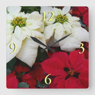 Horloge Carrée Poinsettias Rouges et Blancs II Fêtes de Noël