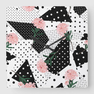 Horloge Carrée Points Abstraits modernes et fleurs roses