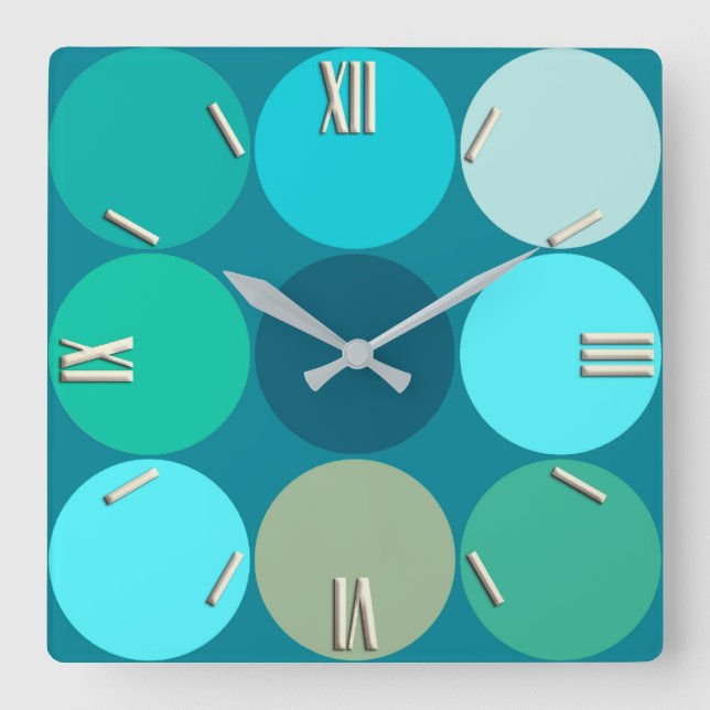 Horloge Carrée Points géants du milieu du siècle, Turquoise, Aqua (Recto)