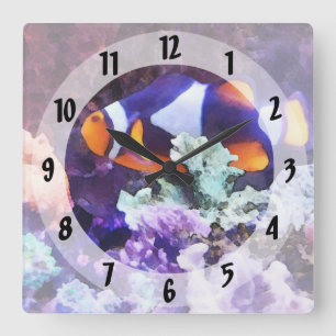 Horloge Carrée Poisson clown et corail