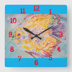 Horloge Carrée Poisson Coloré Aquarelle Enfants Garçons Crèche Sq