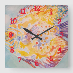 Horloge Carrée Poisson Coloré Aquarelle Enfants Garçons Nurserie