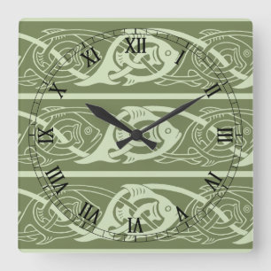 Horloge Carrée Poisson en entrelacs celtique en vert