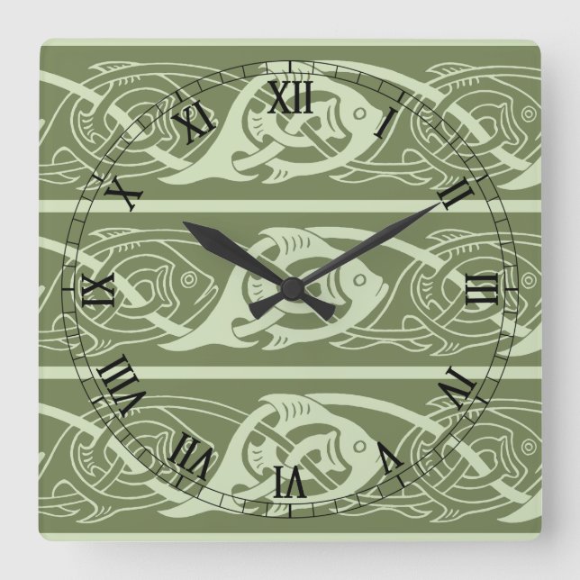 Horloge Carrée Poisson en entrelacs celtique en vert (Recto)