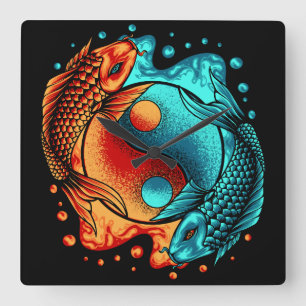 Horloge Carrée Poisson japonais Yin Yang Koi