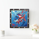 Horloge Carrée Poisson Pop Art Patriotique<br><div class="desc">Cette horloge murale vibrante présente un poisson de style pop art unique, audacieusement orné des étoiles du drapeau américain et rayures contre un arrière - plan bleu dynamique avec des plaques rouges. Ce garde-temps artistique est un ajout ludique mais patriotique à tout décor de maison, offrant un texte coloré et...</div>