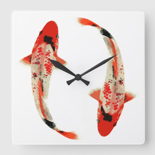 Horloge Carrée Poisson rouge, blanc et noir Koi (Recto)