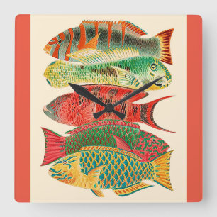 Horloge Carrée Poisson tropical Vintage