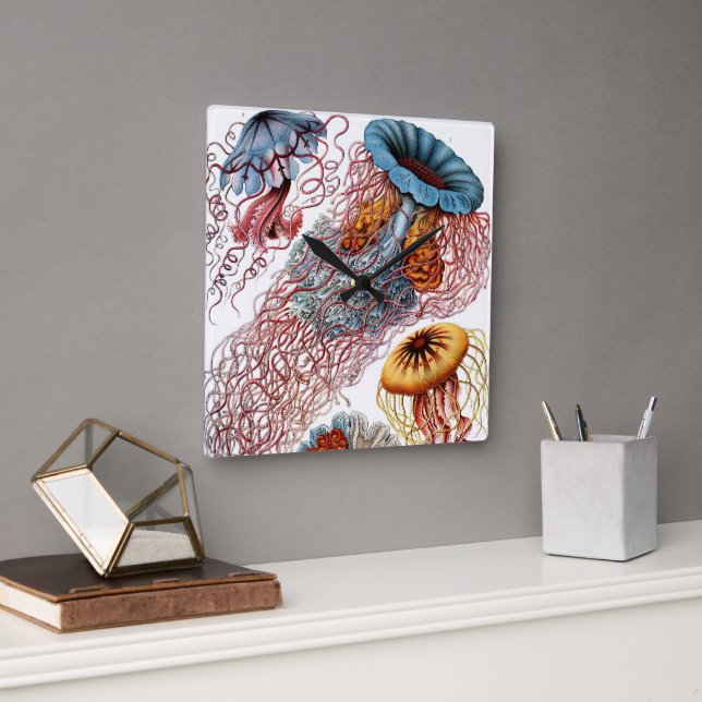 Horloge Carrée Poisson Vintage par Ernst Haeckel, Discomedusae (Bureau)