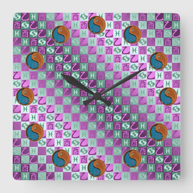 Horloge Carrée Poissons & Coq de Bois (Recto)