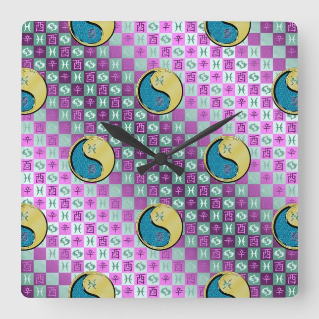 Horloge Carrée Poissons & Coq de Métal (Recto)