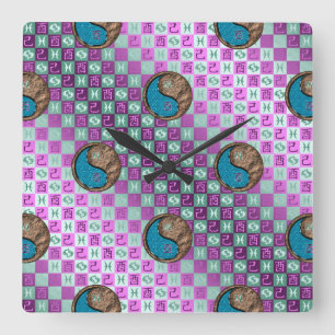 Horloge Carrée Poissons & Coq de Terre
