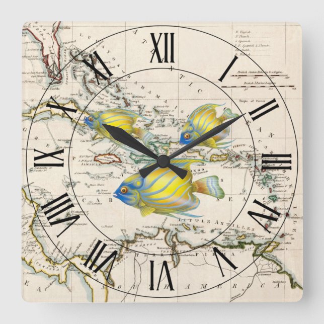 Horloge Carrée Poissons jaunes et bleus ~ Antilles ~ Mer des Cara (Recto)