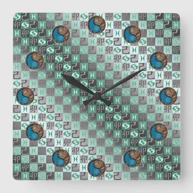 Horloge Carrée Poissons & Lapin de Terre (Recto)
