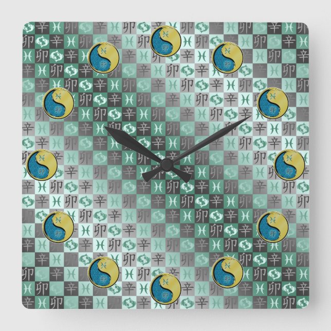 Horloge Carrée Poissons & Lapin Métal (Recto)