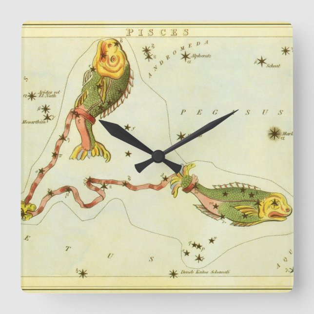 Horloge Carrée Poissons, Poisson, Constellation Vintage Urania's  (Recto)