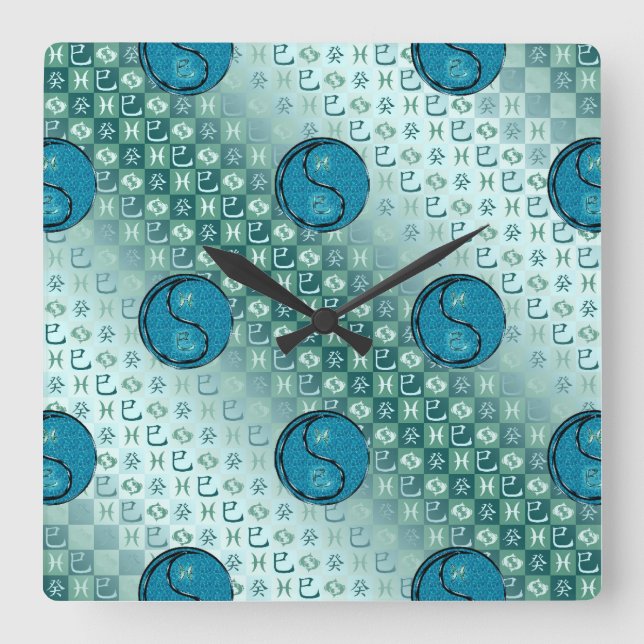 Horloge Carrée Poissons & Serpent d'eau (Recto)