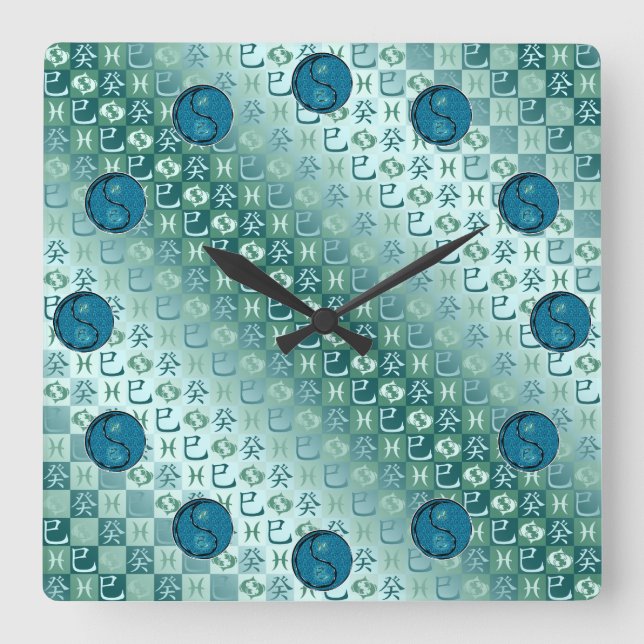 Horloge Carrée Poissons & Serpent d'eau (Recto)