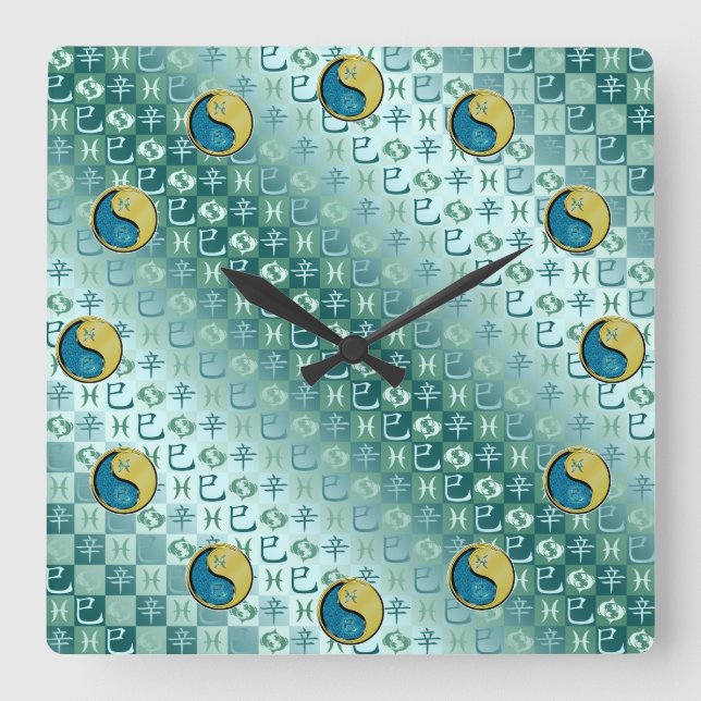 Horloge Carrée Poissons & Serpent Métal (Recto)