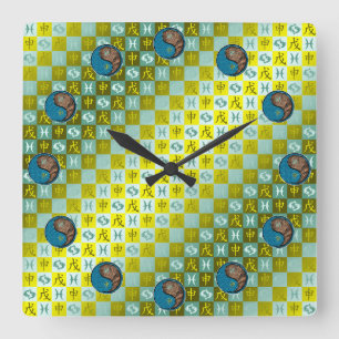 Horloge Carrée Poissons & Singe de terre