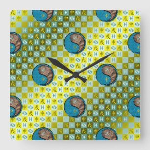 Horloge Carrée Poissons & Singe de terre
