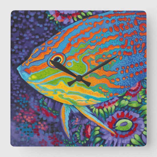 Horloge Carrée Poissons tropicaux brillants I (Recto)