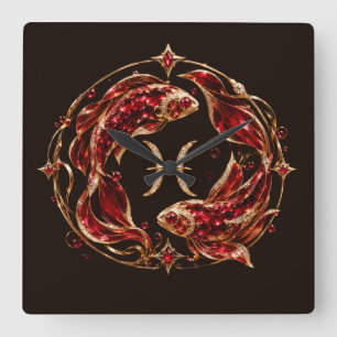 Horloge Carrée Poissons Zodiaque Rouge Luxe