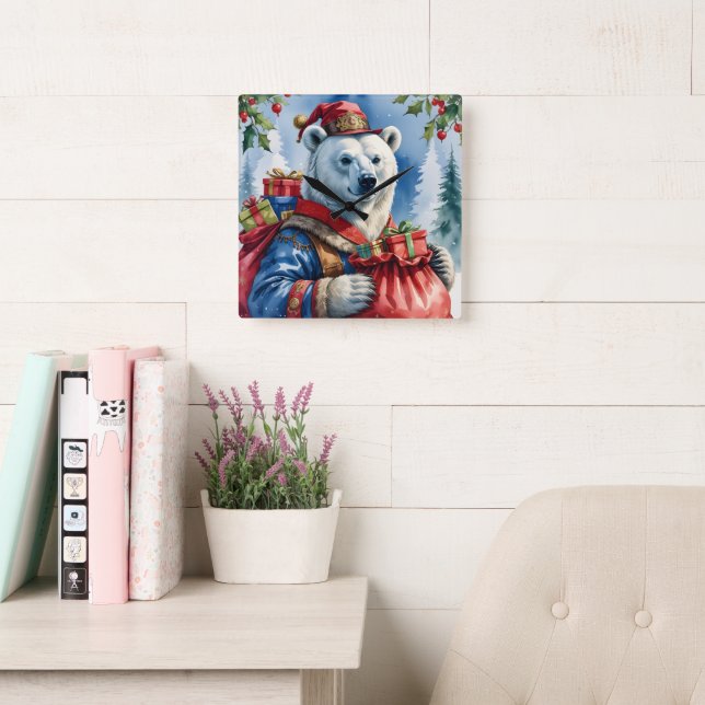 Horloge Carrée Polar Bear Santa Christmas Design (Salle de lecture)