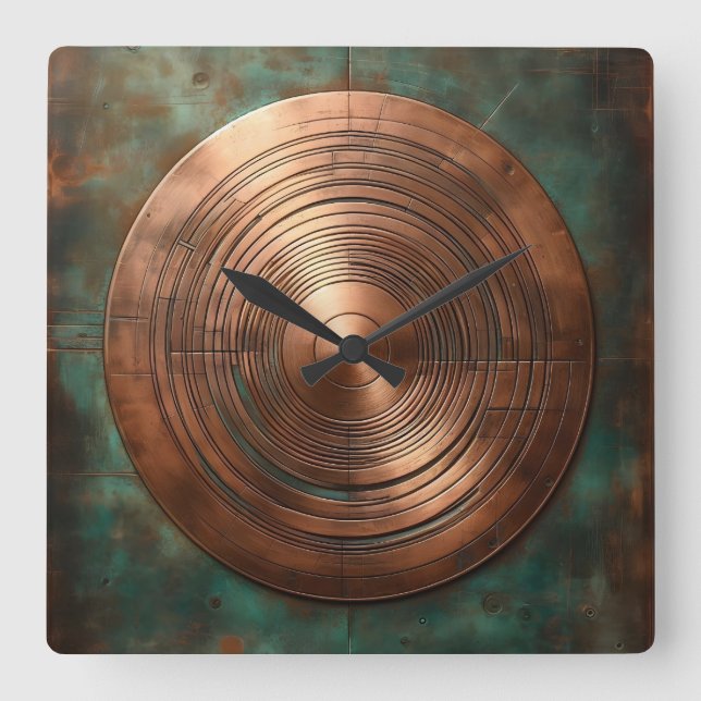 Horloge Carrée polished copper on weathered base (Recto)