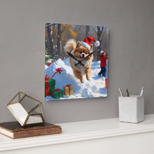 Horloge Carrée Pomeranian courant dans la neige avec un chapeau d
